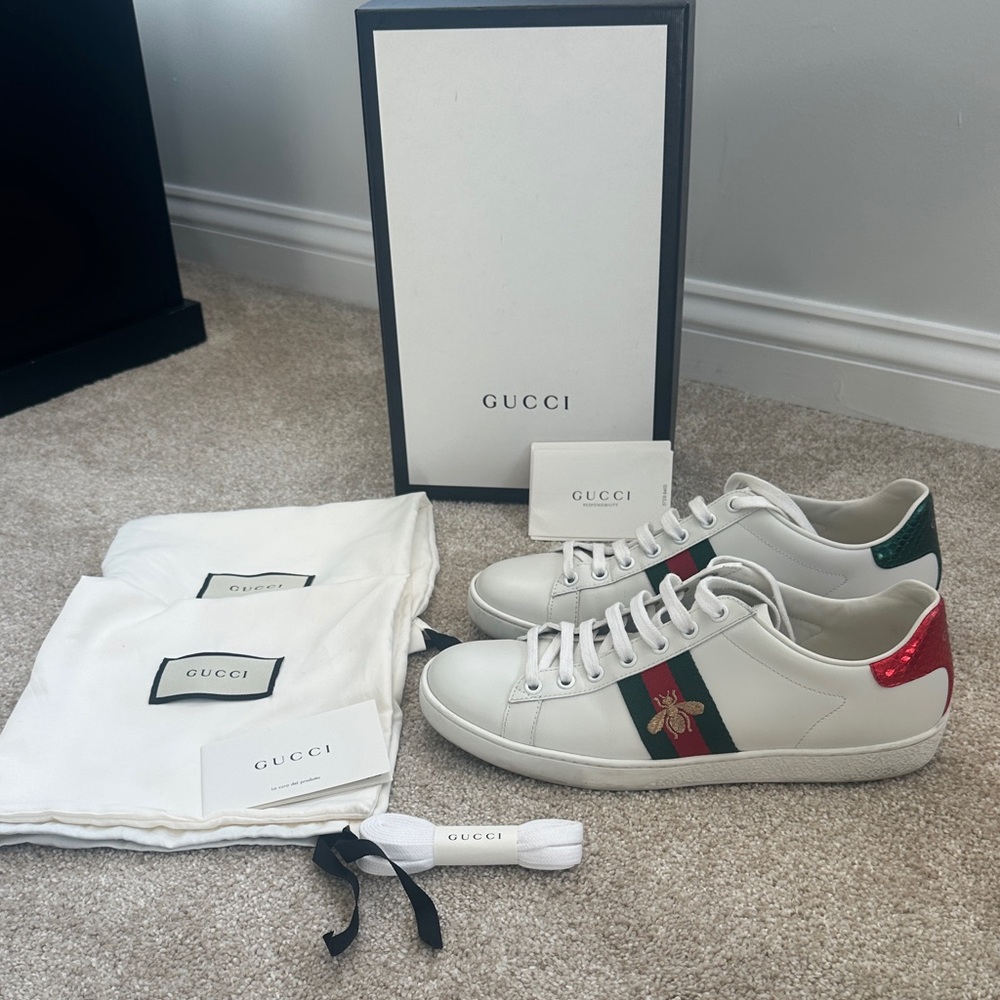 Gucci Ace Bee Sneakers with Green & Red Stripe and Metallic Heels Size 38.5